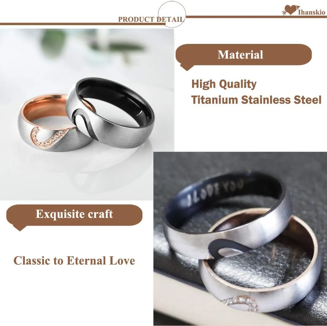 Personalized Heart Promise Couple Rings Matching Heart Fingerprint Engraved Titanium Steel for Couples Wedding Engagement Band Rings Width 8mm 6mm