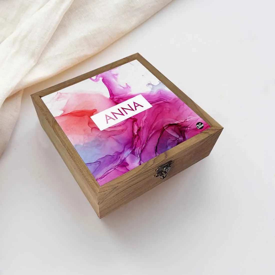 Personalized Jewellery Box in Wood for Women - Pink Watercolor