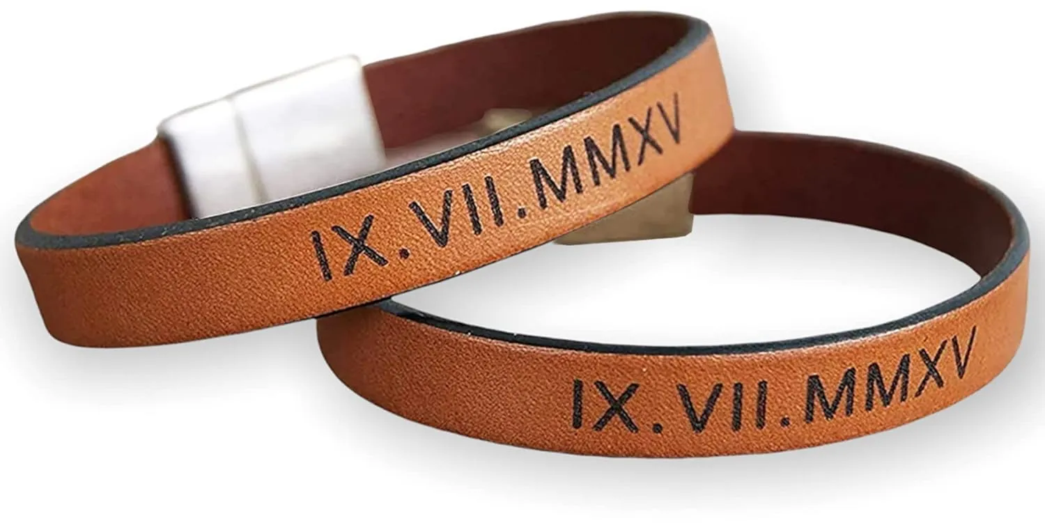 Personalized Leather Bracelets Set of 2 Matching Roman Numerals Coordinates Wristbands Couples Wedding Anniversary Gift