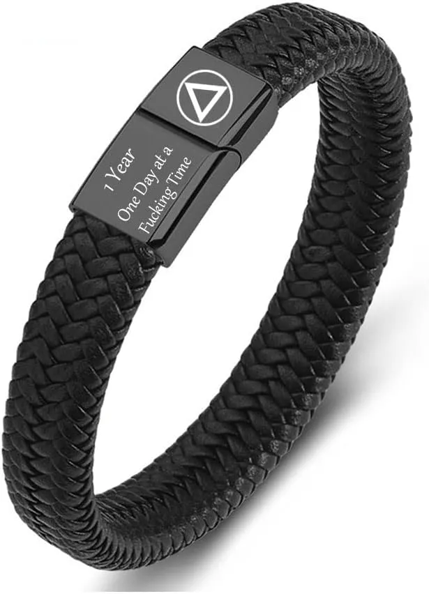 Personalized Leather Inspirational Bracelets for Men ,AA Recovery Bracelets for Women One Day at a Time,addiction and Recovery Bracelets ,Motivational Bracelets for Teens Stainless Steel NA Sobriety Jewelry Gifts 7.4"/8.2"/9"