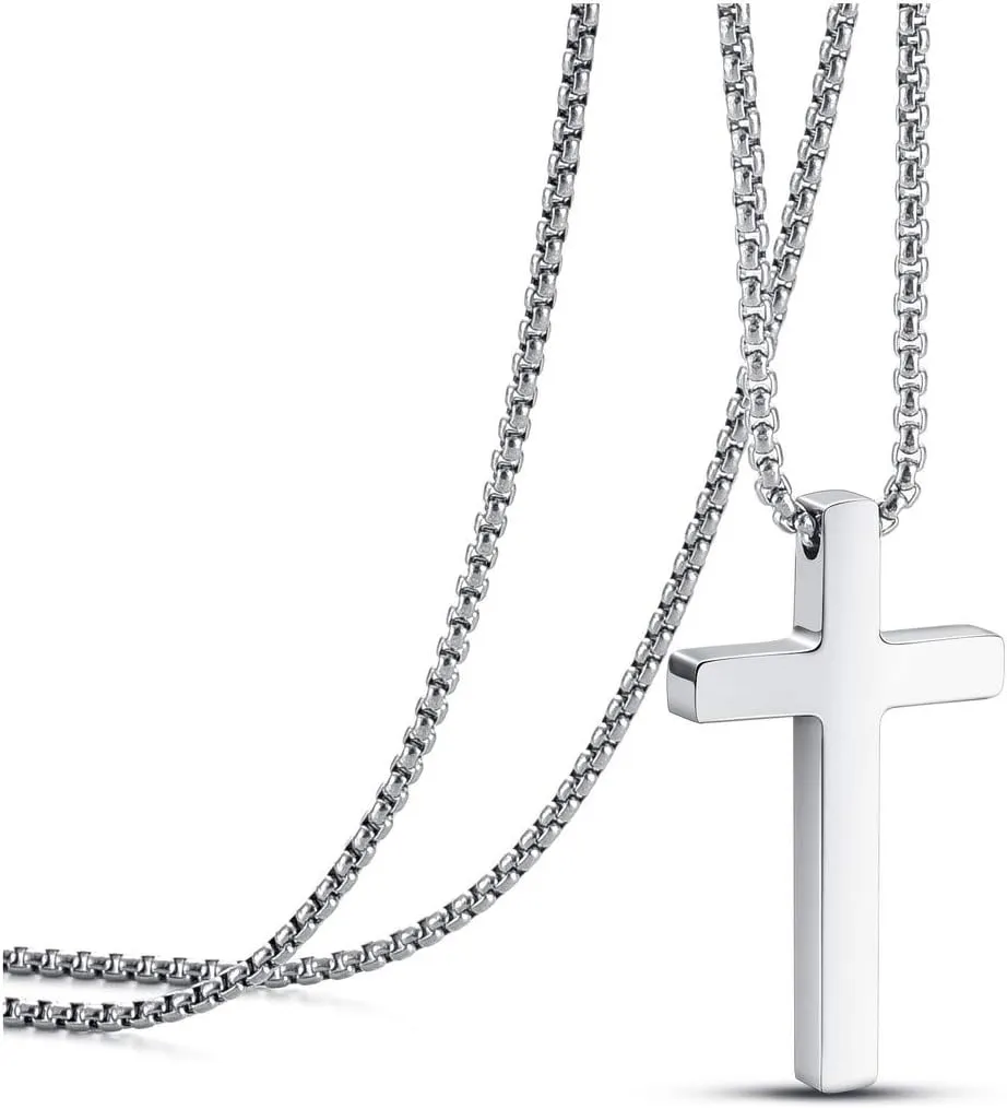 Personalized Master Cross Necklace Stainless Steel Faith Cross Pendant Necklaces for Men Women Custom Jesus Cross Necklace 24 Inches Chain Silver Black