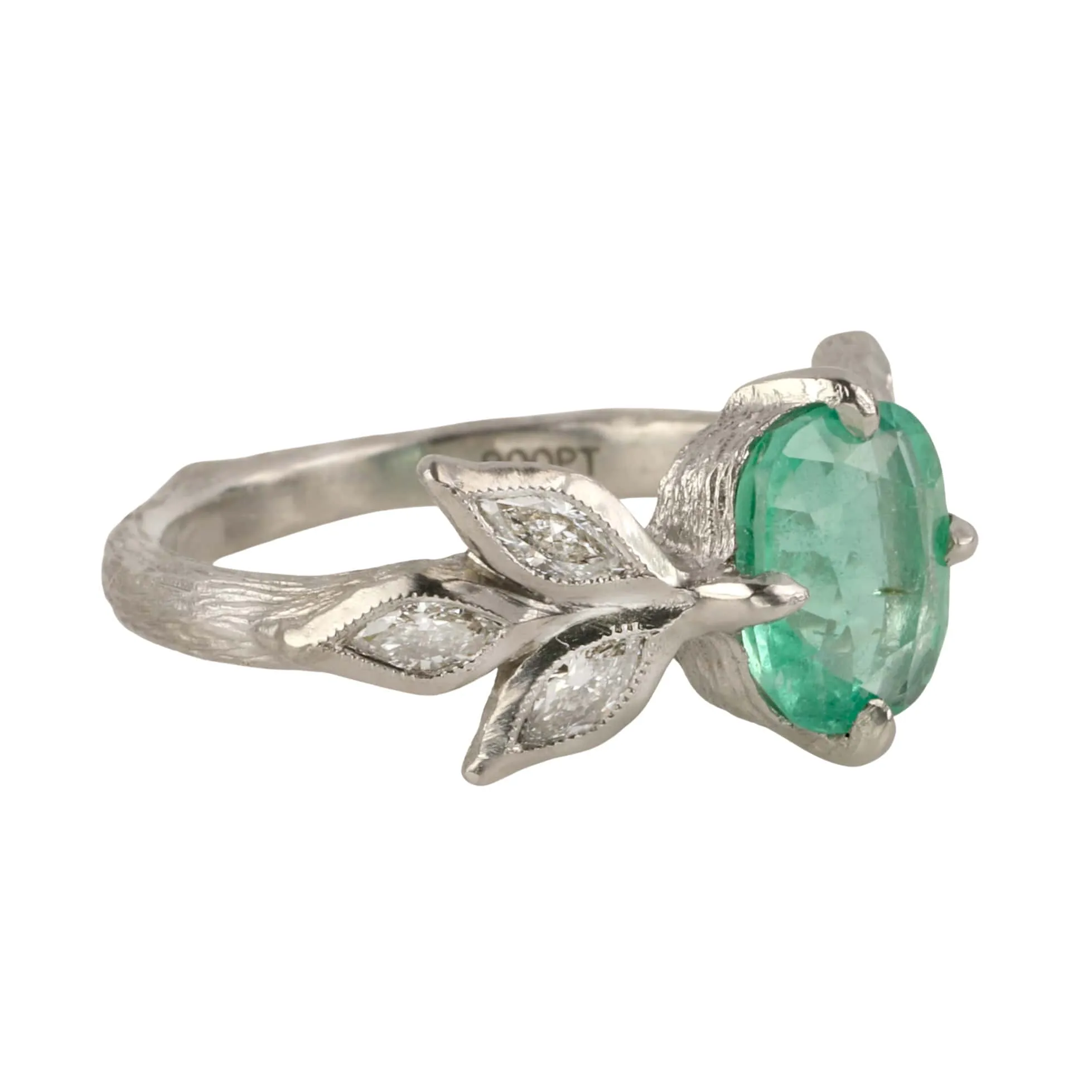 Platinum Leaf Branch Ring with Ethiopian Emerald and Diamonds