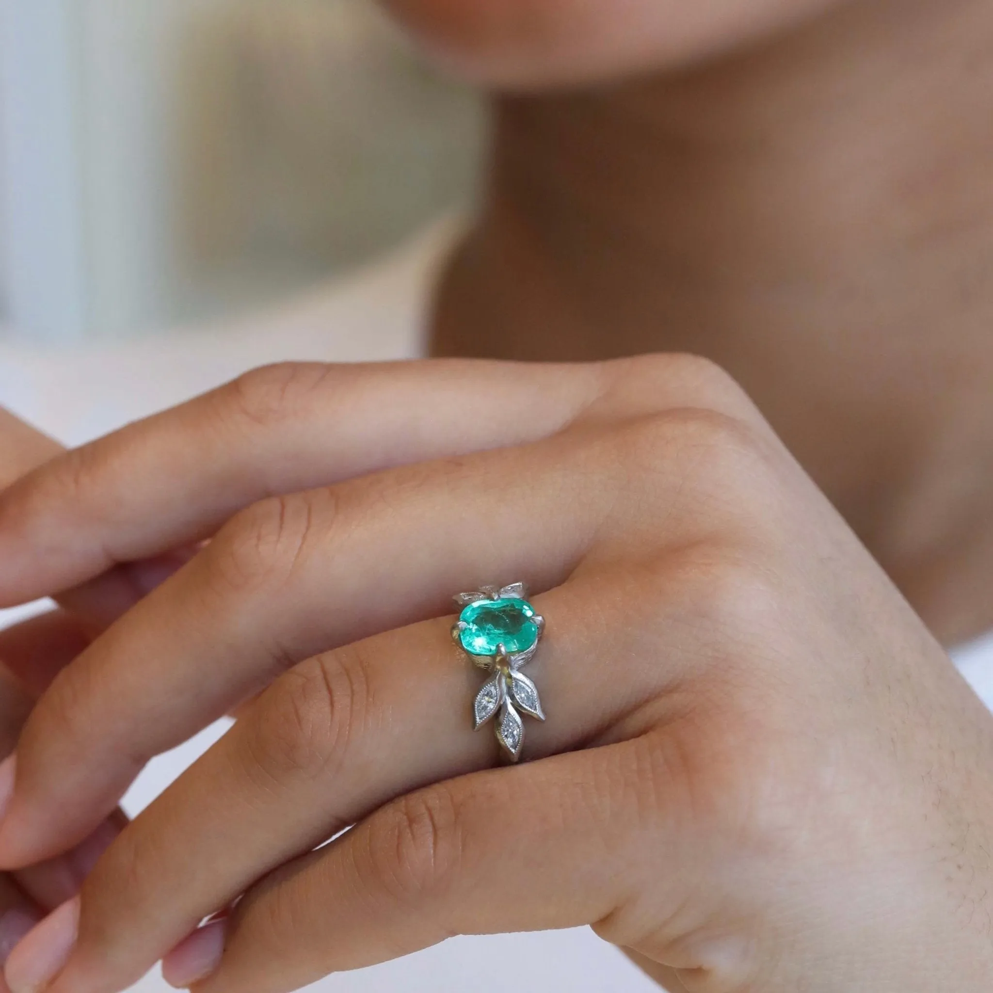 Platinum Leaf Branch Ring with Ethiopian Emerald and Diamonds