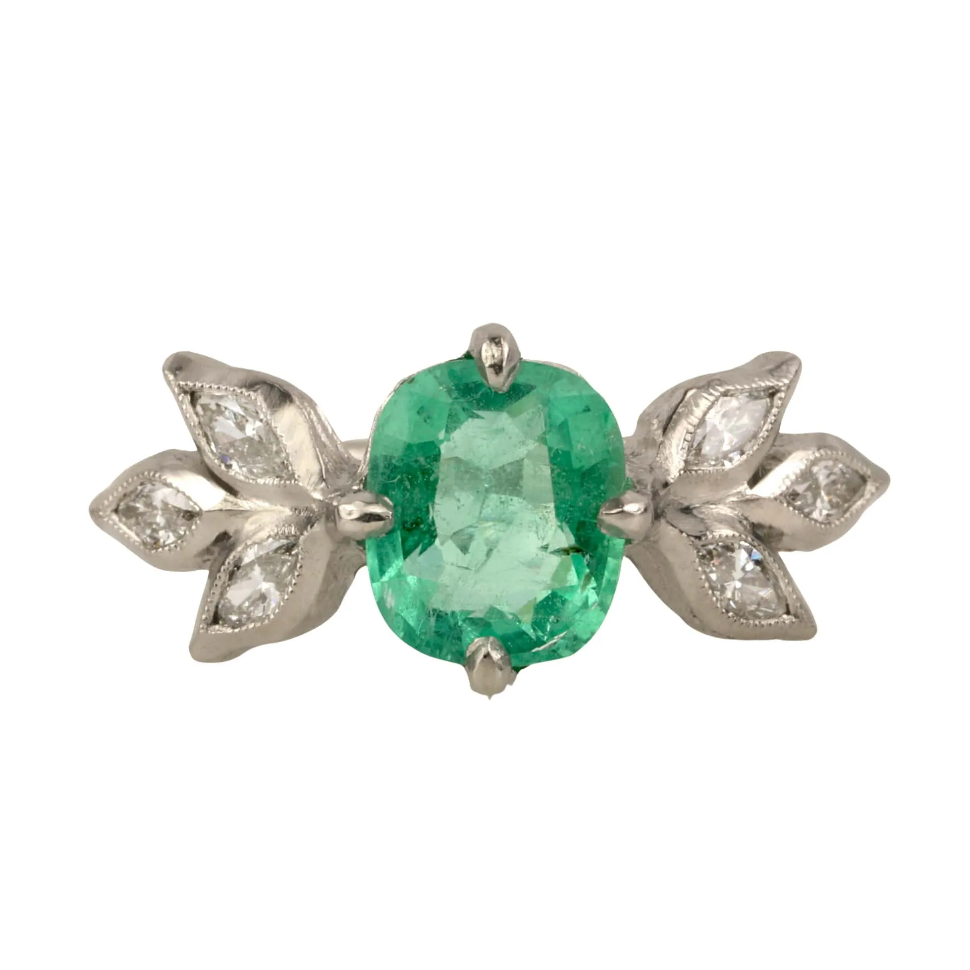 Platinum Leaf Branch Ring with Ethiopian Emerald and Diamonds