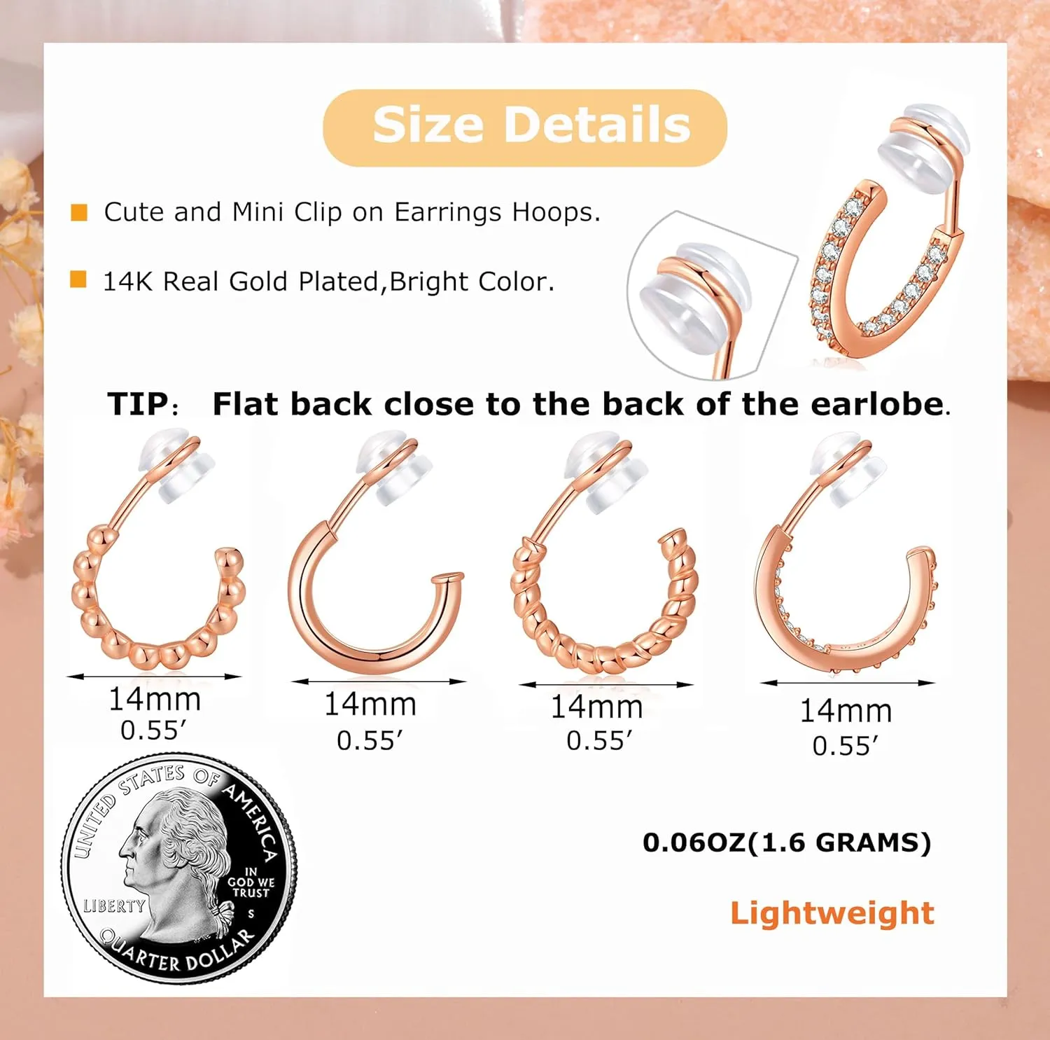 PLOMFOV Clip On Hoop Earrings for Women 14K Gold Plated Non Pierced Earrings Clip On Hoops Small No Piercing Fake Hoop Earrings 14mm