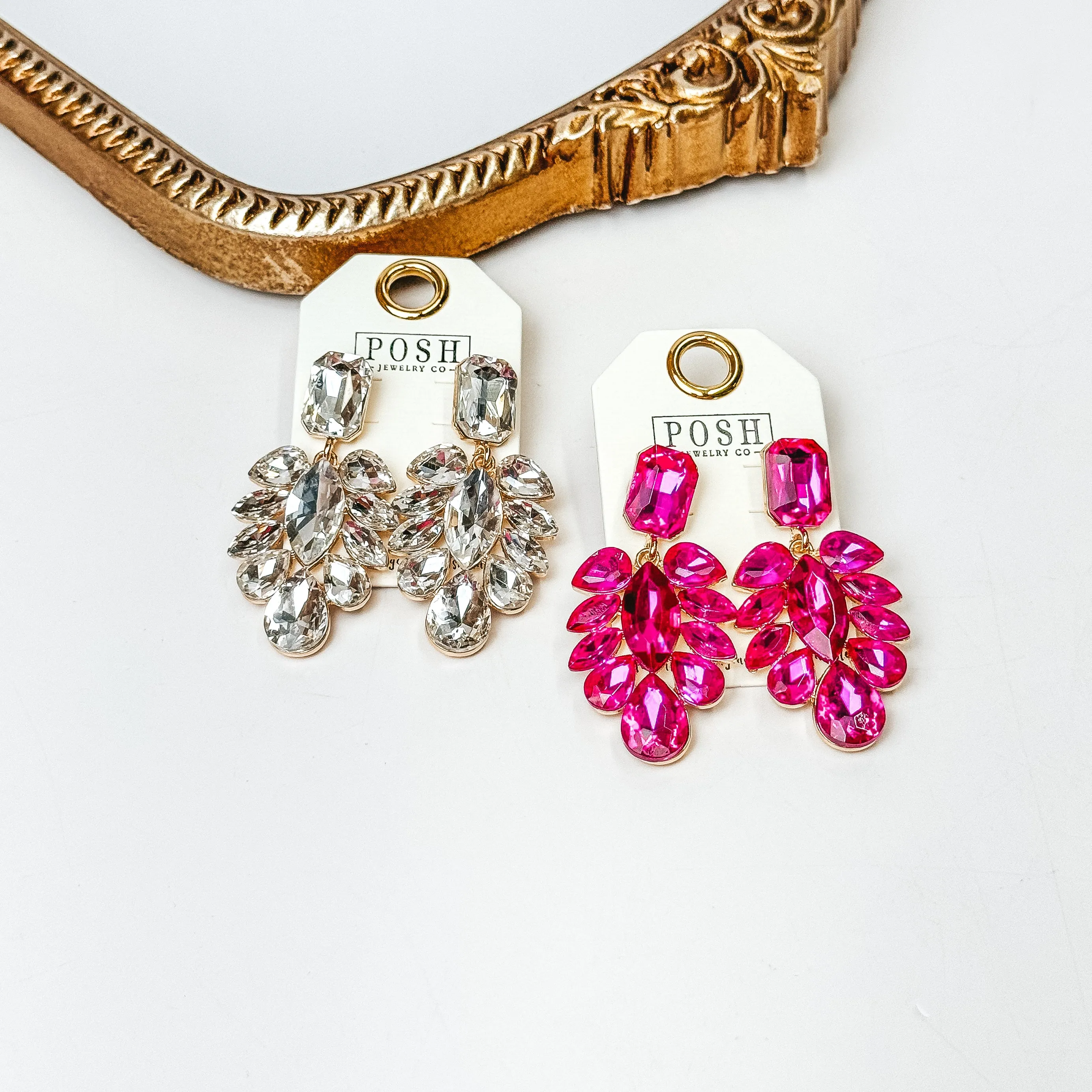 Posh by Pink Panache | Gold Tone Crystal Teardrop Statement Earrings in Fuchsia Pink
