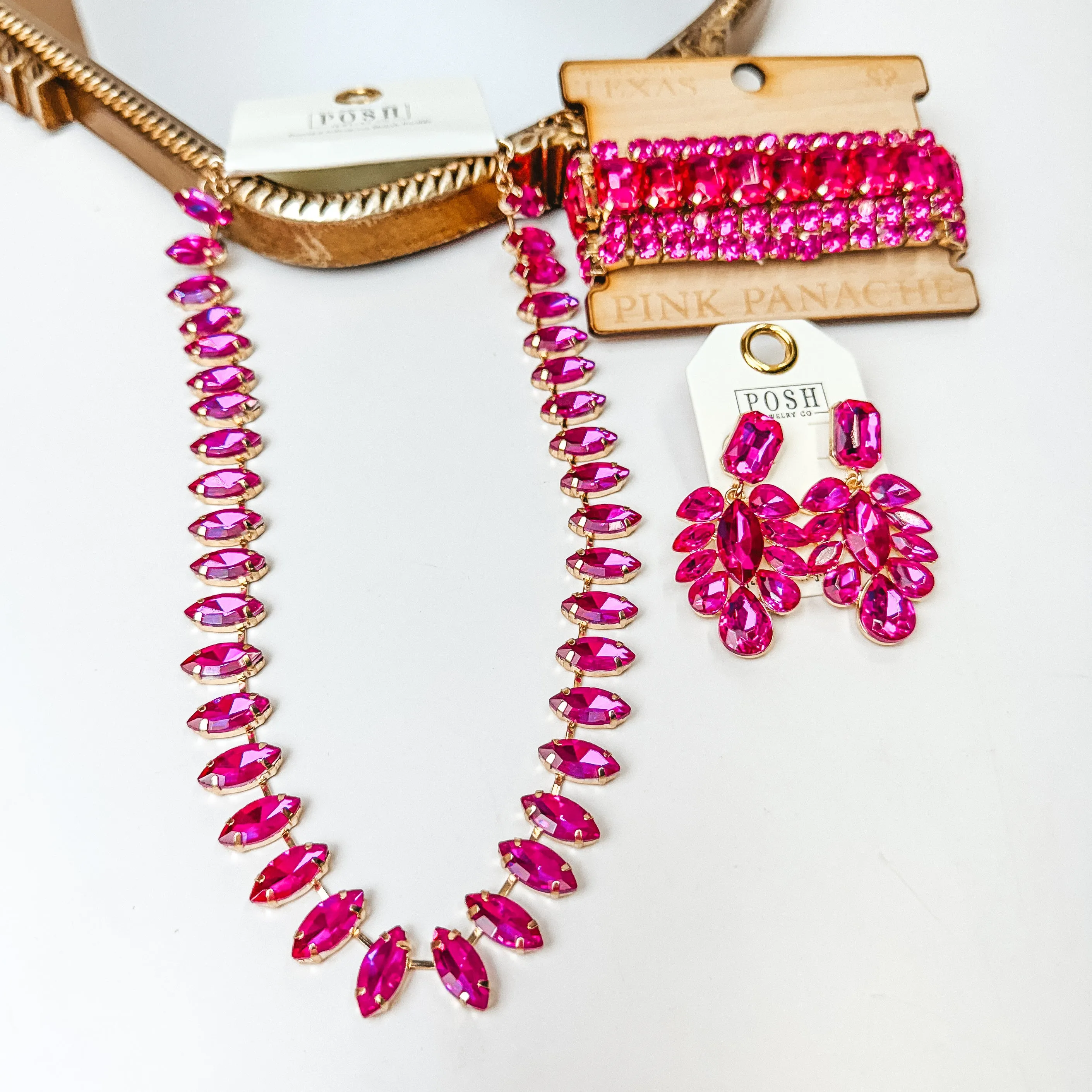 Posh by Pink Panache | Gold Tone Crystal Teardrop Statement Earrings in Fuchsia Pink