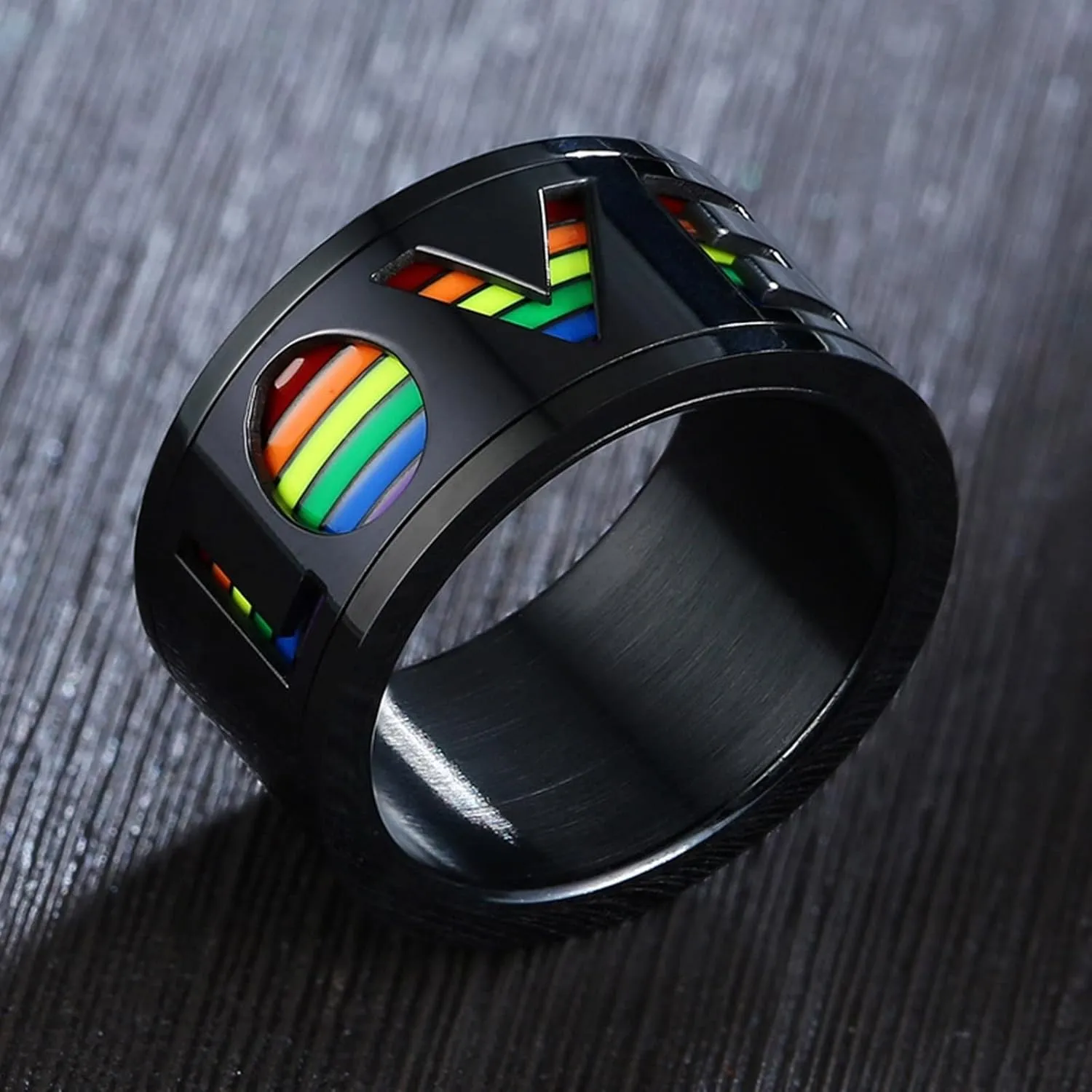 Promise Rings for Him, Mens Rings Stainless Steel Black Rotating LGBT Ring Love 11mm Fashion Couple Ring