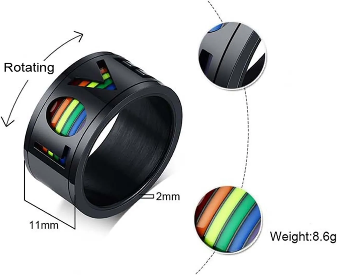 Promise Rings for Him, Mens Rings Stainless Steel Black Rotating LGBT Ring Love 11mm Fashion Couple Ring
