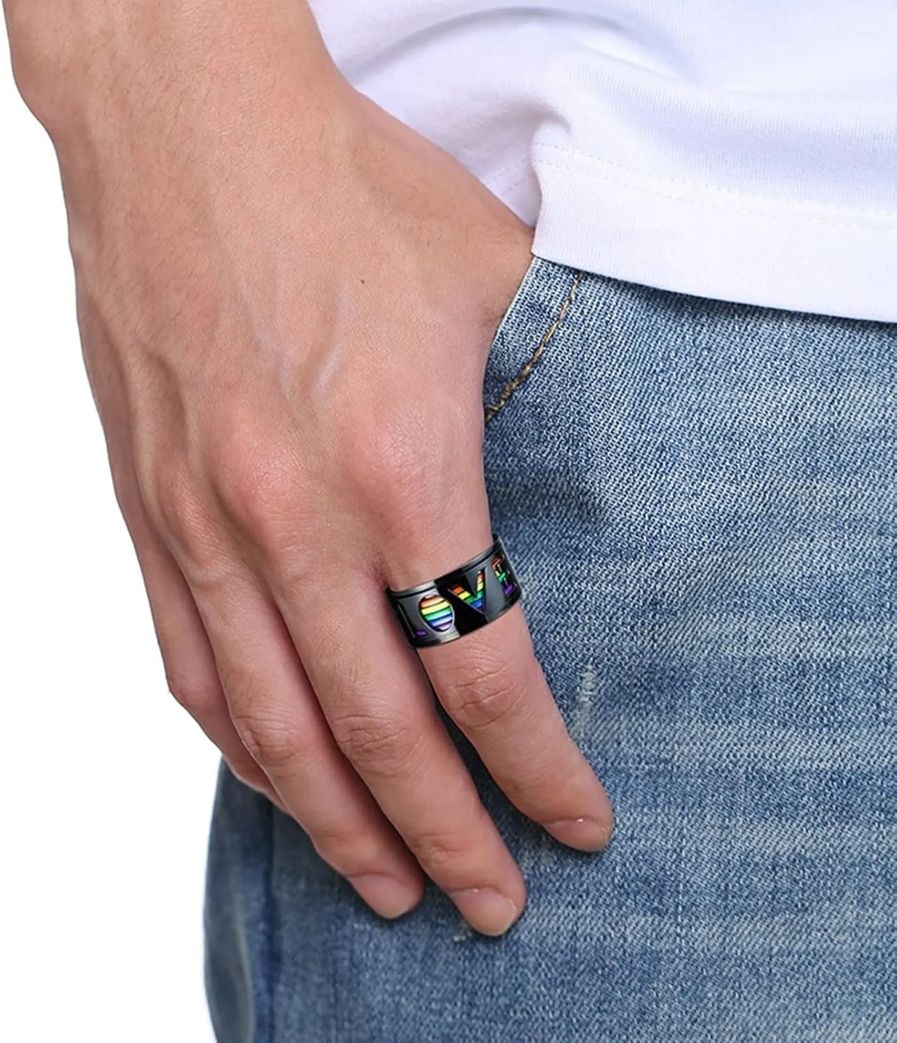 Promise Rings for Him, Mens Rings Stainless Steel Black Rotating LGBT Ring Love 11mm Fashion Couple Ring