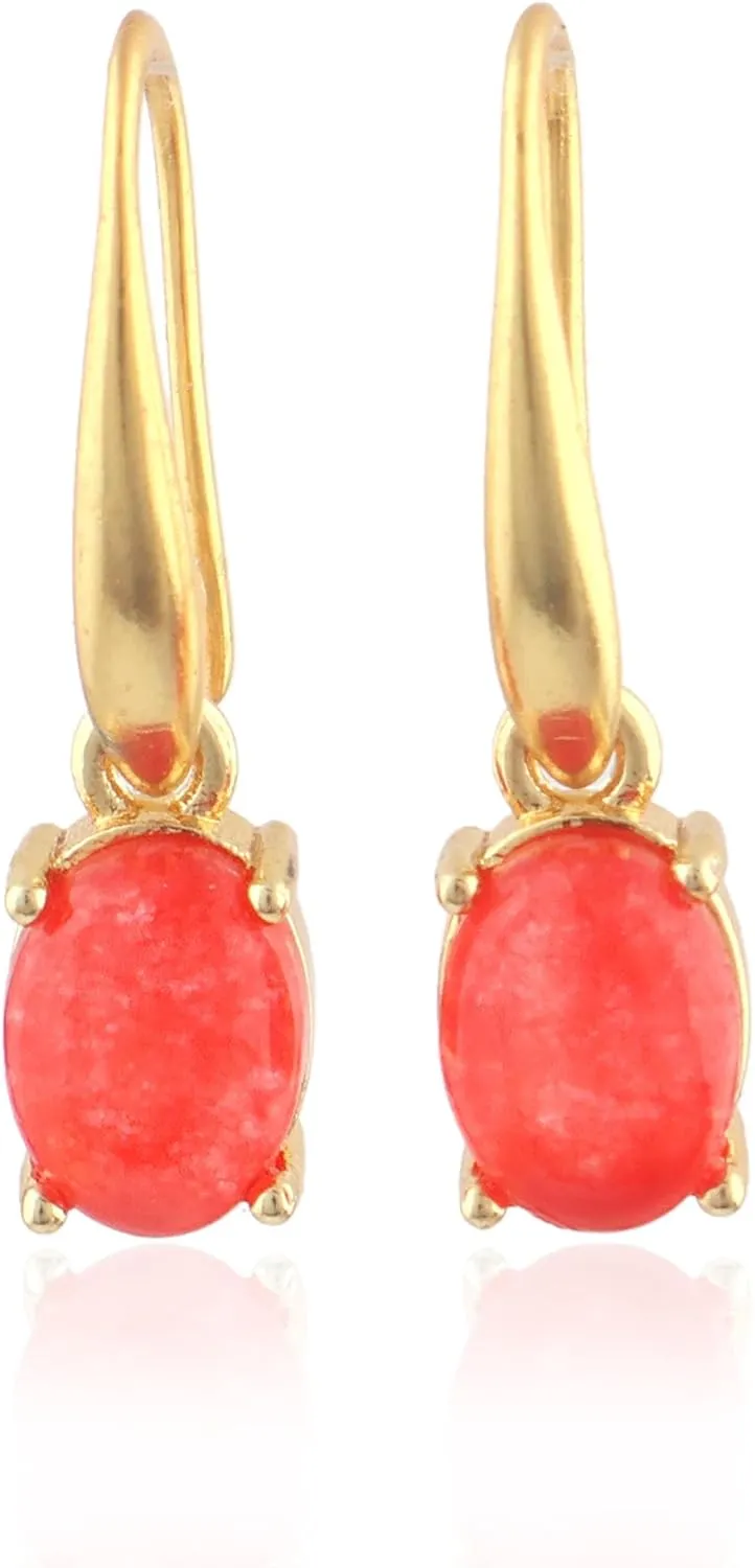 Prong Set Small Hook | Oval Shaped Hook Earring | 18k Gold-Plated Earring | Drop & Dangles Jewelry | Red Jade Earrings For her