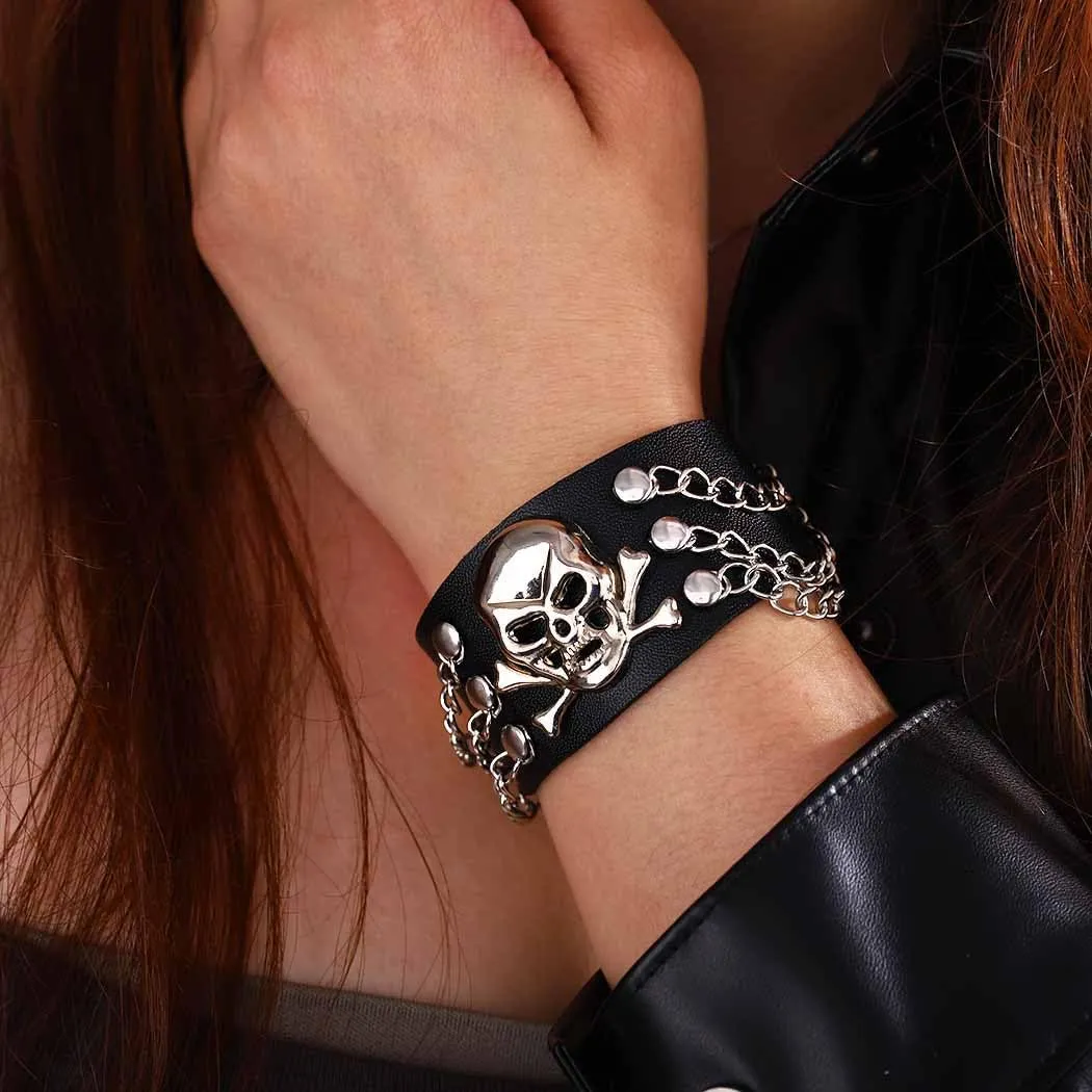 Punk Cuff Bracelets Skull Leather Bracelet Gothic Leather Wristbands for Men and Women