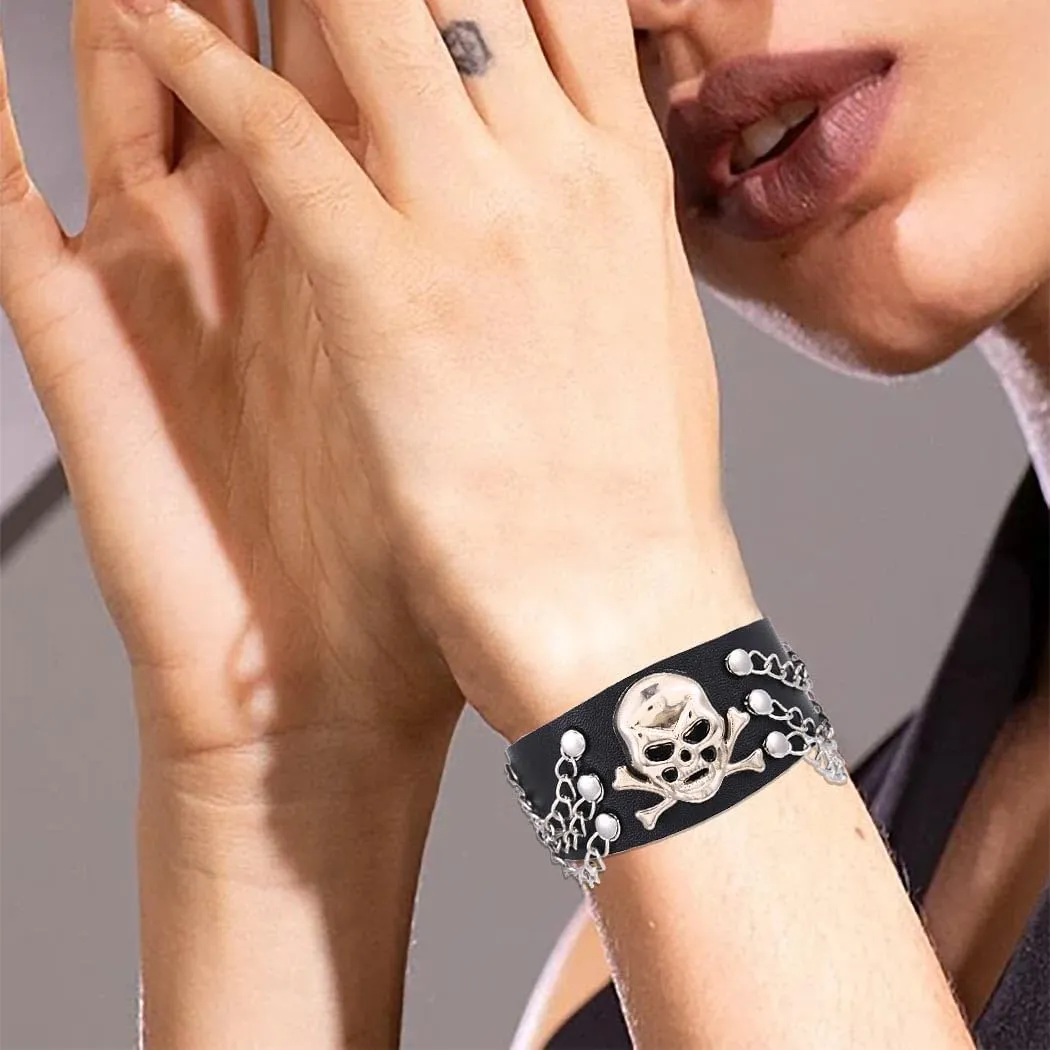 Punk Cuff Bracelets Skull Leather Bracelet Gothic Leather Wristbands for Men and Women