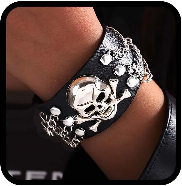 Punk Cuff Bracelets Skull Leather Bracelet Gothic Leather Wristbands for Men and Women