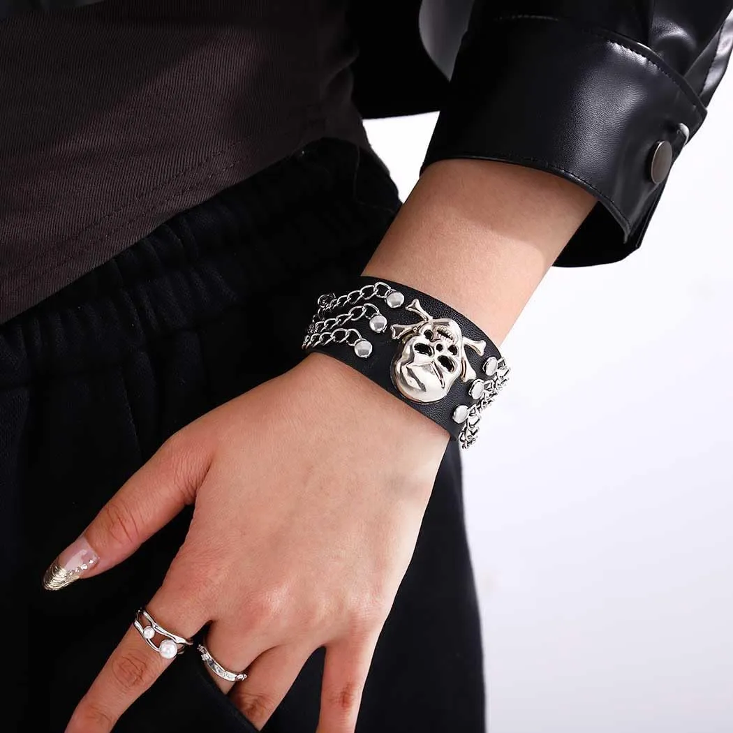 Punk Cuff Bracelets Skull Leather Bracelet Gothic Leather Wristbands for Men and Women