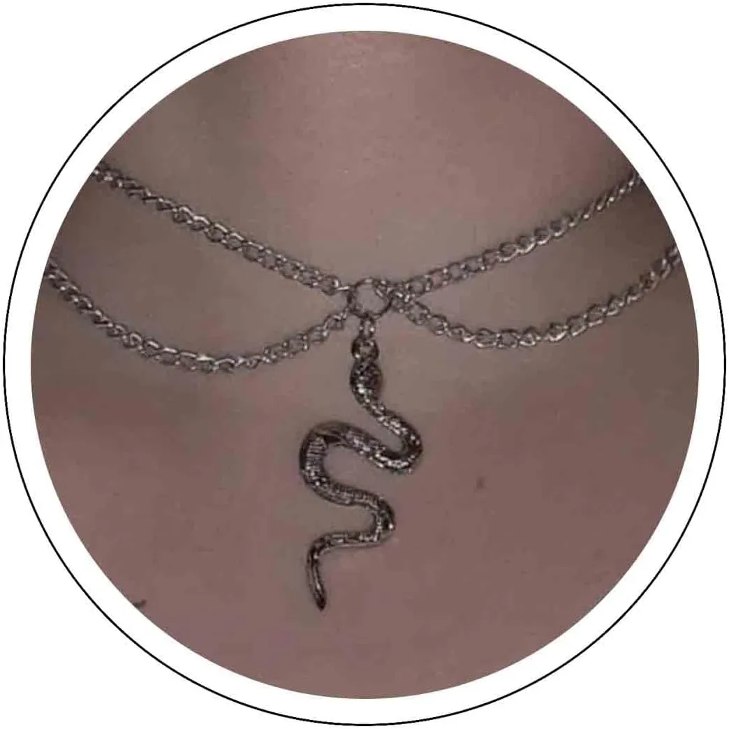 Punk Snake Pendant Necklace Choker Silver Layered Serpent Necklaces Chain Gothic Snake Necklaces Retro Serpent Collar Necklace Jewelry for Women