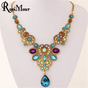 RAVIMOUR Long Blue Crystal Necklace for Women Vintage Gold Color Statement Necklaces & Pendants Indian Choker Colar Jewelry