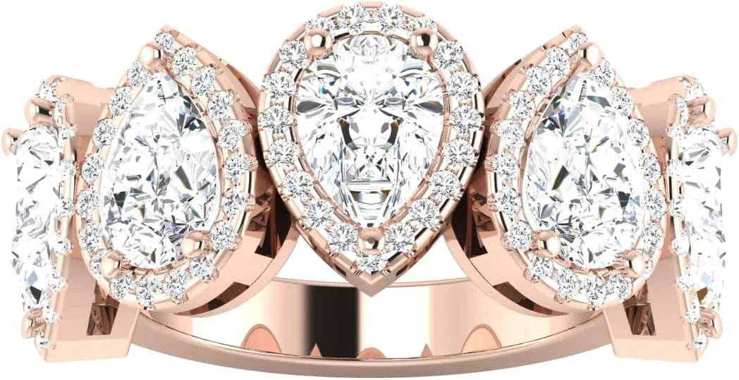 REAL-GEMS Couples Promise Ring Lab Created G VS1 Diamond Pear Five Stone 1.72 Carat 14k Rose Gold Size 4 5 6 7 8 84