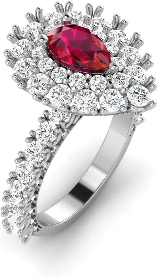 REAL-GEMS Lab Created Grade AA Red Ruby 14k Yellow Gold 3.67 CT Pear Double Halo Couples Promise Ring Sizable