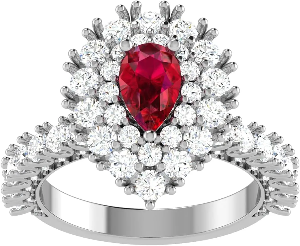 REAL-GEMS Lab Created Grade AA Red Ruby 14k Yellow Gold 3.67 CT Pear Double Halo Couples Promise Ring Sizable