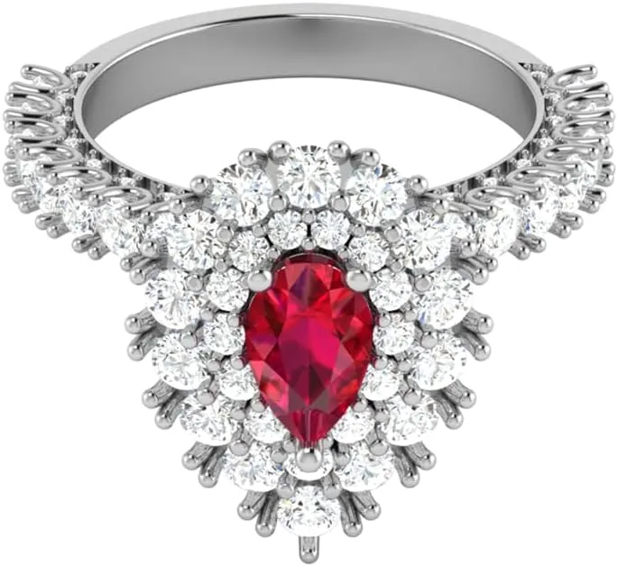 REAL-GEMS Lab Created Grade AA Red Ruby 14k Yellow Gold 3.67 CT Pear Double Halo Couples Promise Ring Sizable