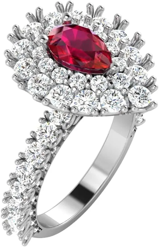 REAL-GEMS Lab Created Grade AA Red Ruby 14k Yellow Gold 3.67 CT Pear Double Halo Couples Promise Ring Sizable