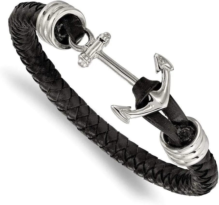 Real Stainless Steel Men's Black Braided Leather Anchor Mariner 8.5in Bracelet 8.5"
