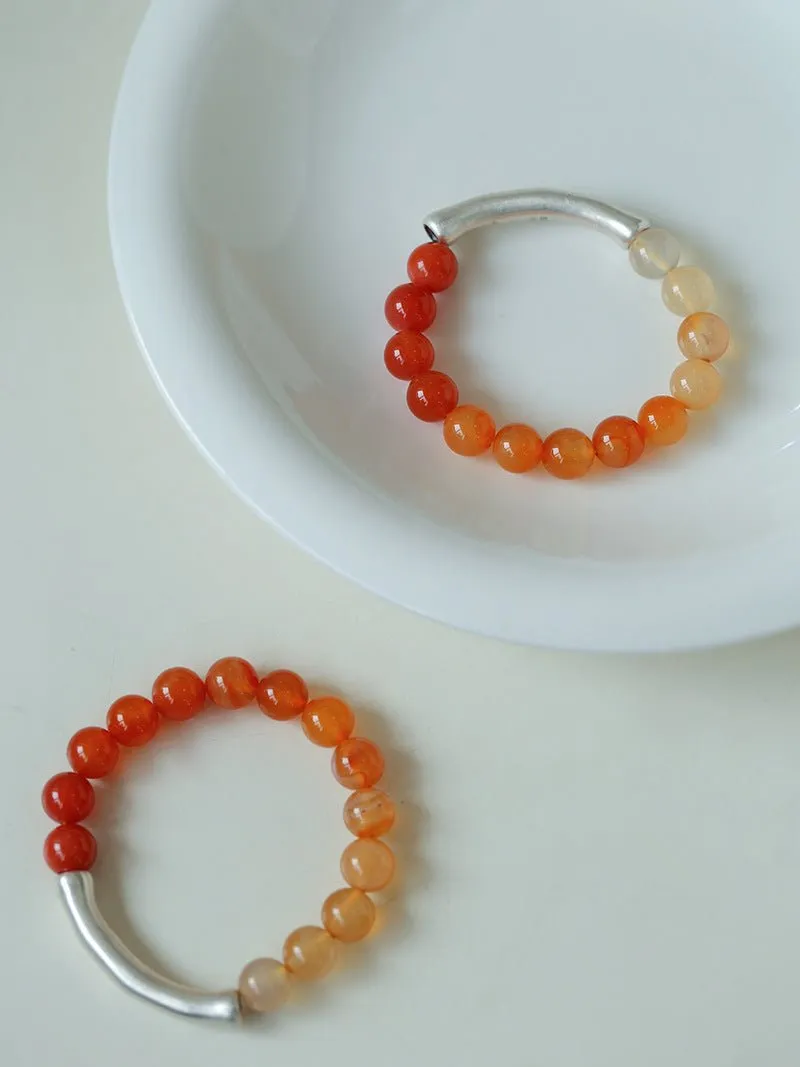 Red  Agate Gradient Silver Tube Stretch Bracelet