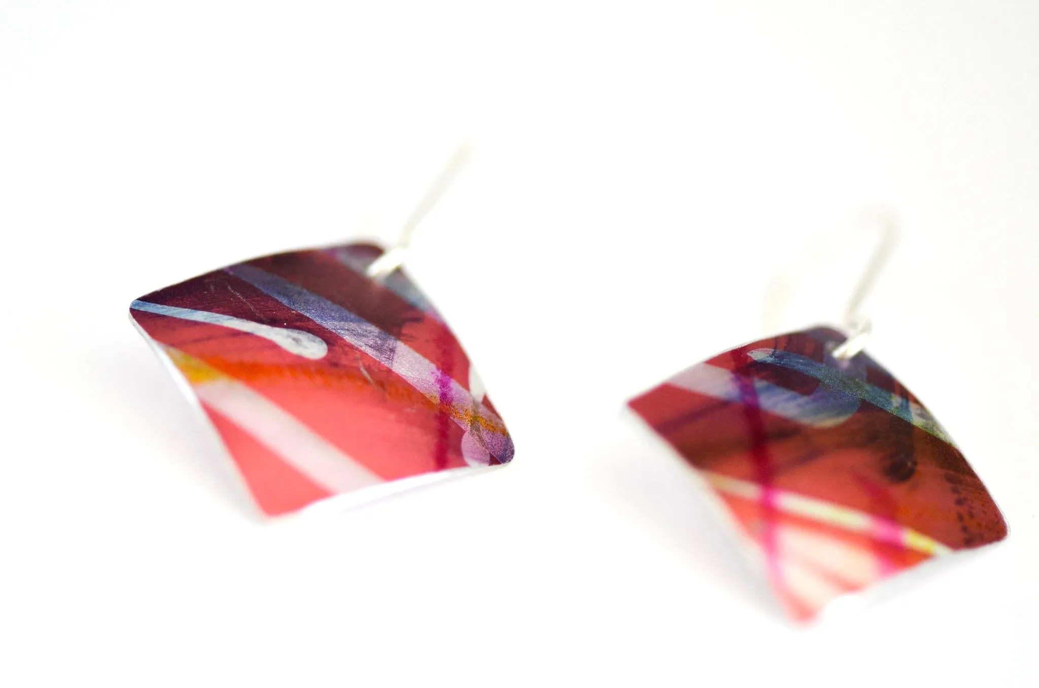 Red mixed stroke marks square earrings