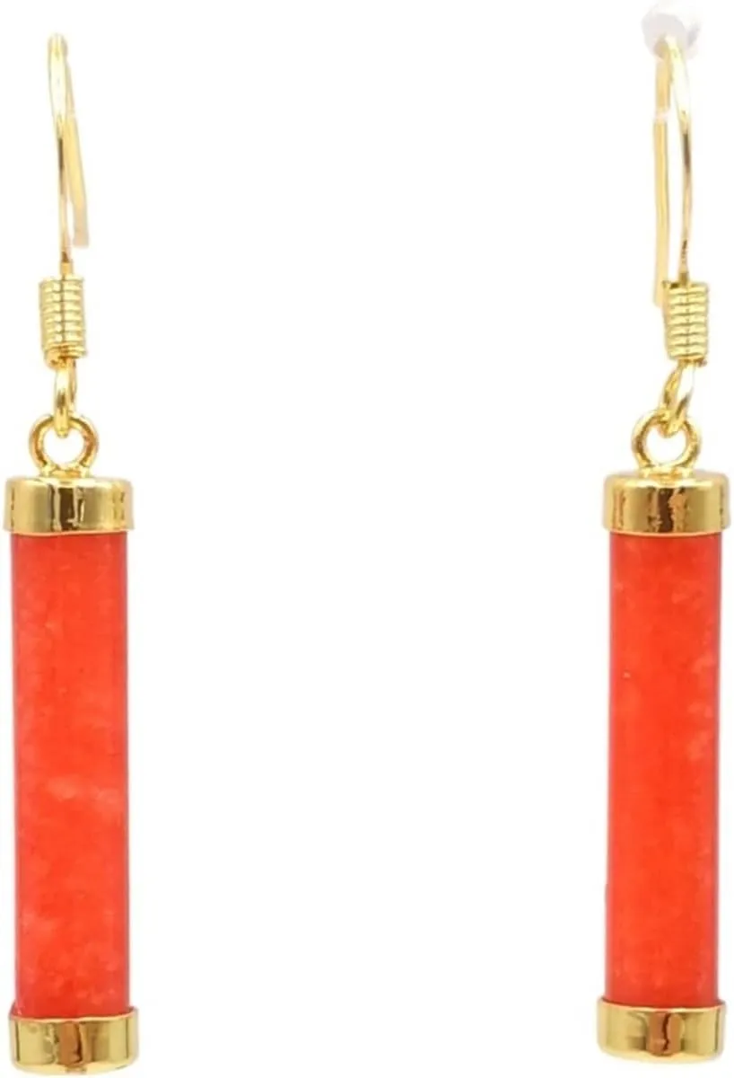 Red Rectangular Simulated Jade Gold-Plated Silver Dangle Earrings, Jade Drop Earrings for Women
