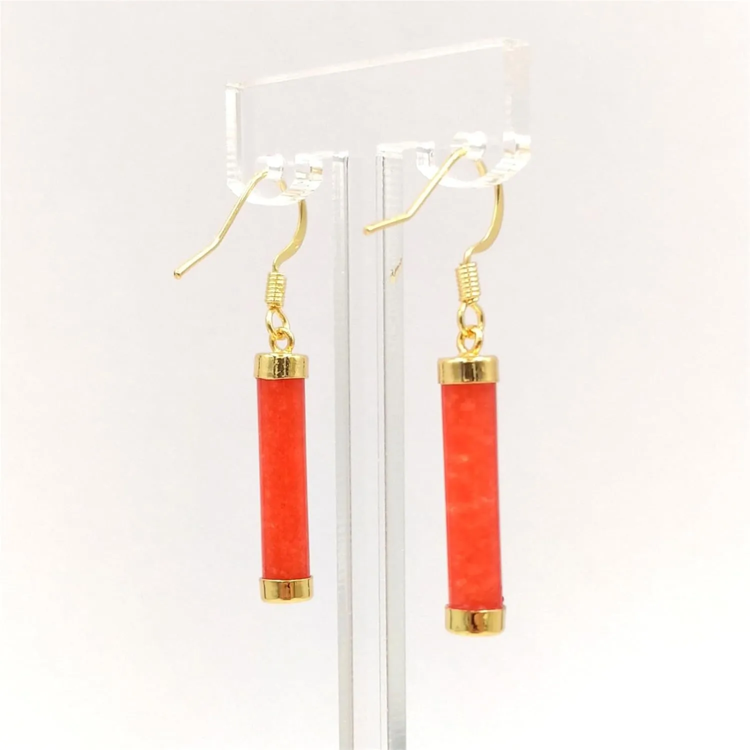 Red Rectangular Simulated Jade Gold-Plated Silver Dangle Earrings, Jade Drop Earrings for Women