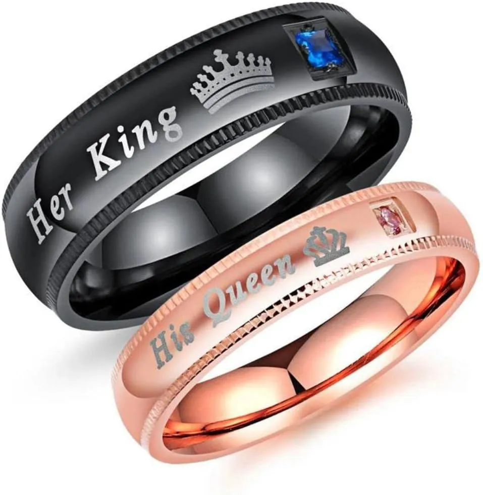 REGALWIL Set 2pcs Couple Rings His Queen and Her King Stainless Steel Promise Rings Wedding Engagement Band Valentine's Day Couples Gifts (Black - Rose Gold)
