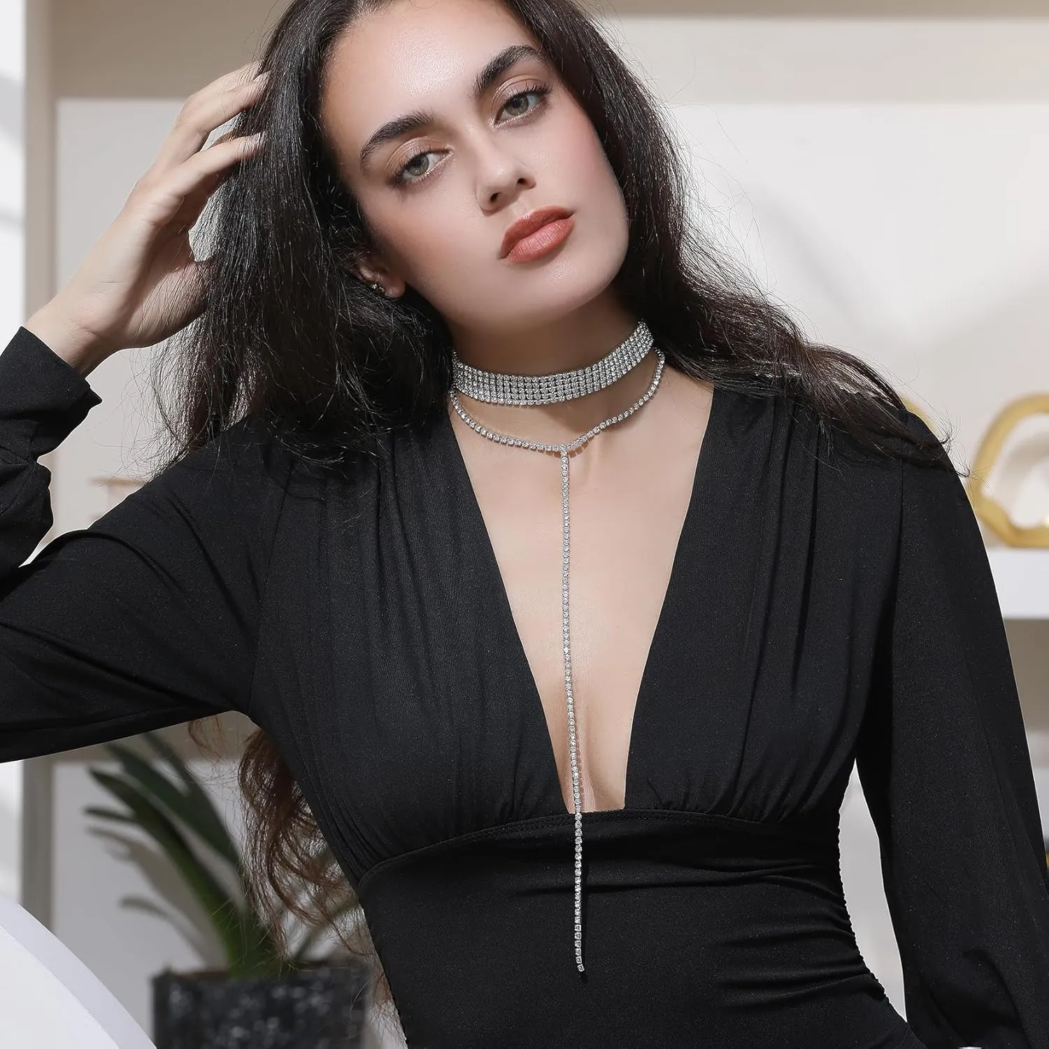 Rhinestone Necklace Dainty Chain Tessal Drop Necklaces Sparkly Silver Choker Necklace for Women