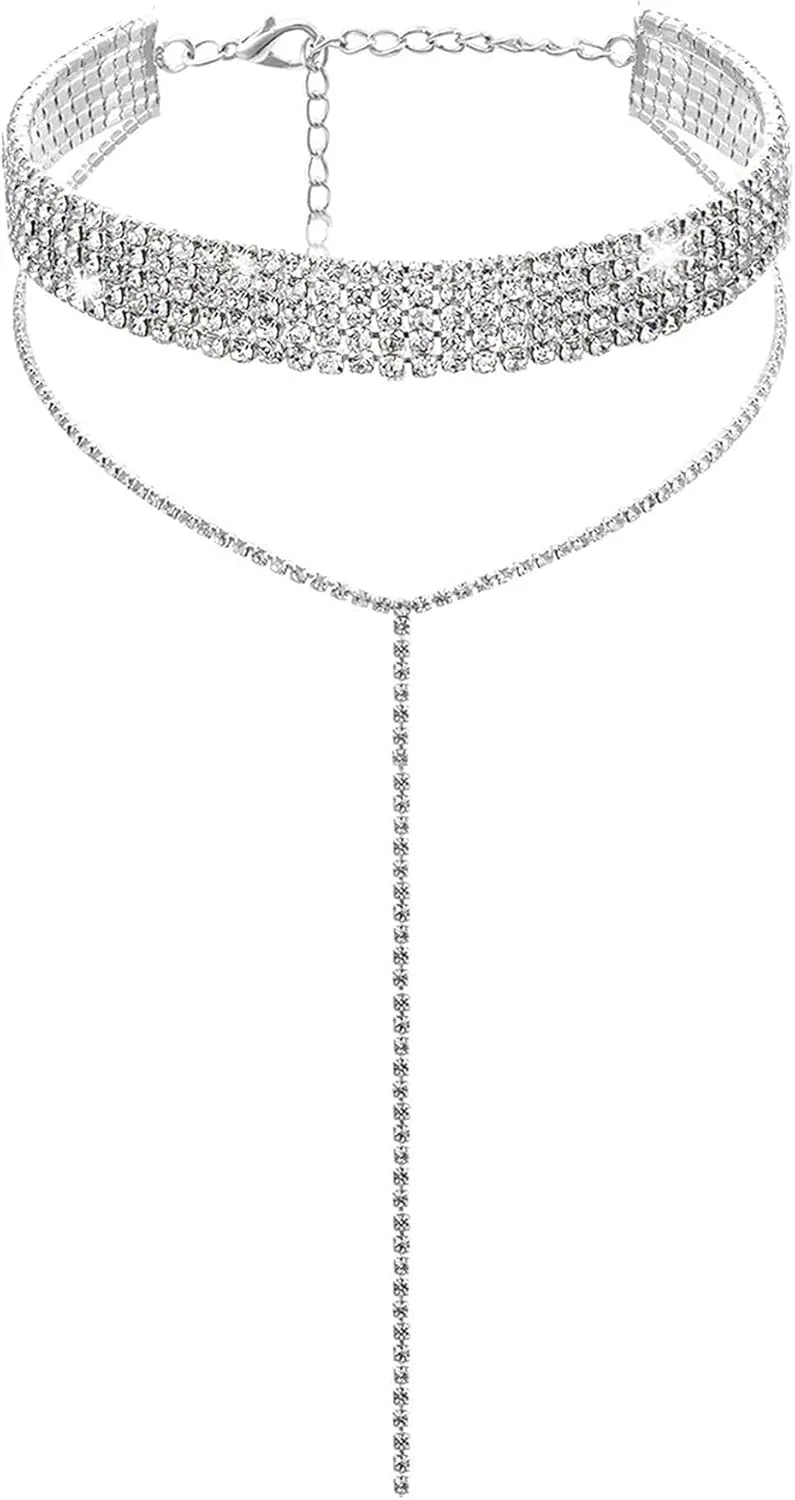 Rhinestone Necklace Dainty Chain Tessal Drop Necklaces Sparkly Silver Choker Necklace for Women