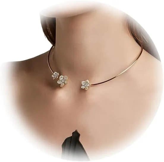 Rhinestone Open Adjustable Choker Necklaces Metal Clavicle Chain Necklace Summer Beach Neck Body Jewelry Crystal Flower Collar Body Chain Necklace for Women