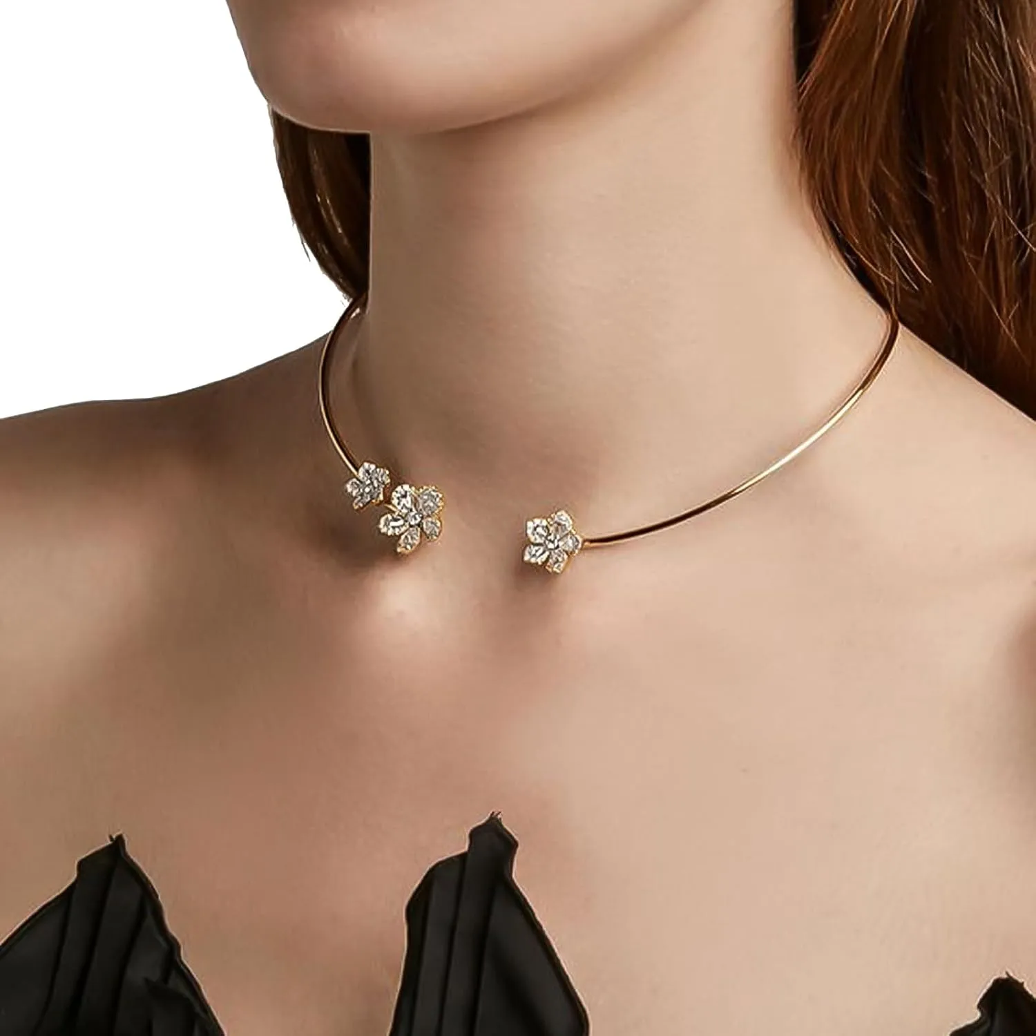 Rhinestone Open Adjustable Choker Necklaces Metal Clavicle Chain Necklace Summer Beach Neck Body Jewelry Crystal Flower Collar Body Chain Necklace for Women