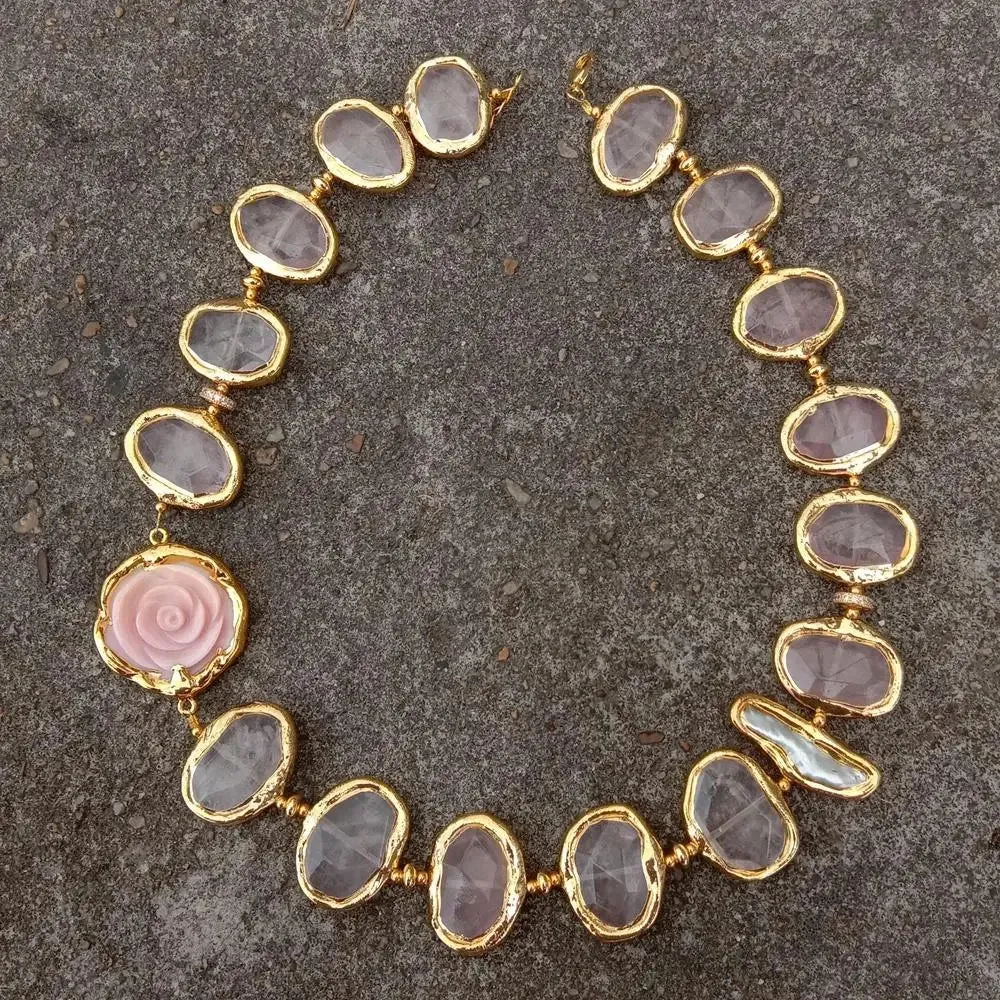 Rose Quartz & Biwa Pearl Flower Necklace