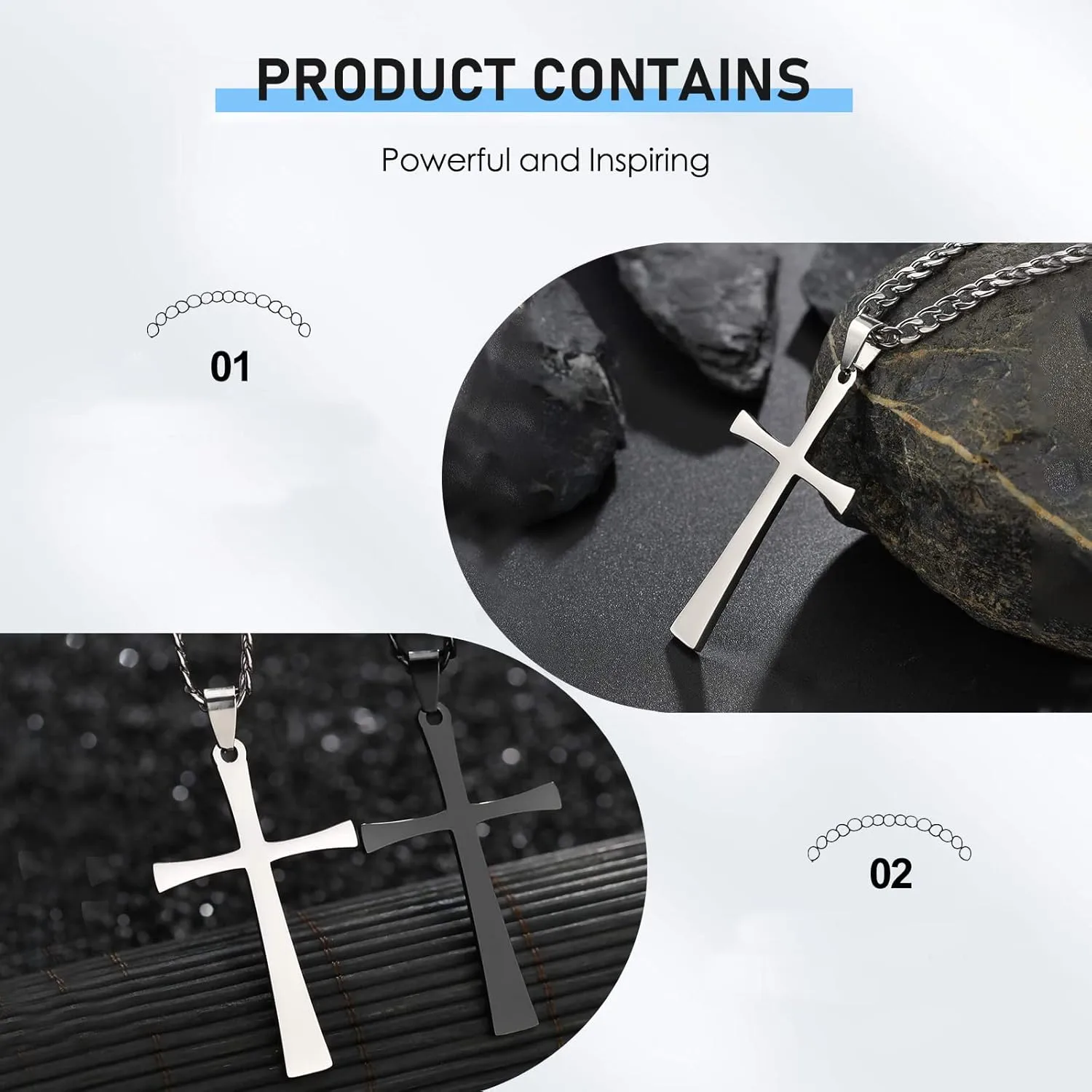 S2 Simple Stainless Steel Necklaces with Cross for Men Women Silver and Black Cross Pendant with Figaro Chain