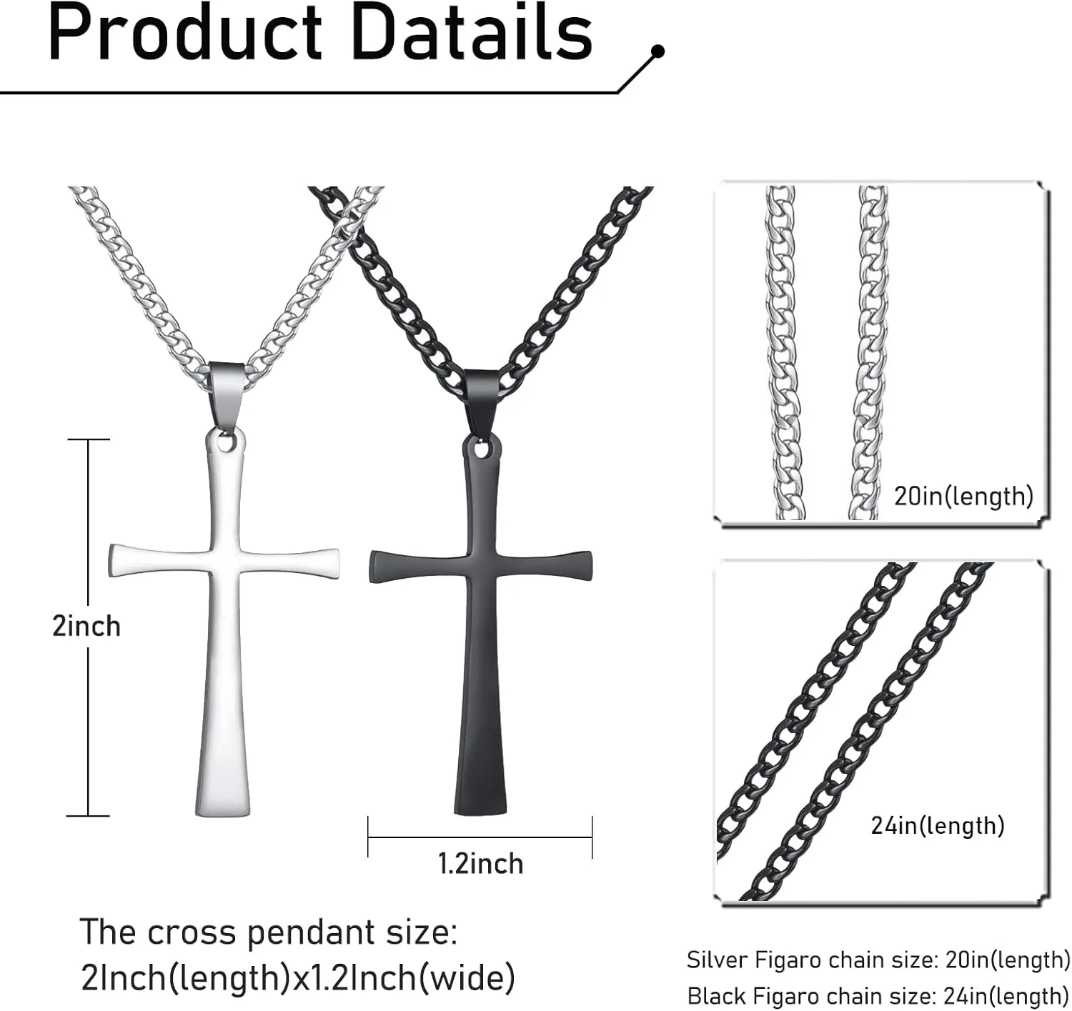 S2 Simple Stainless Steel Necklaces with Cross for Men Women Silver and Black Cross Pendant with Figaro Chain