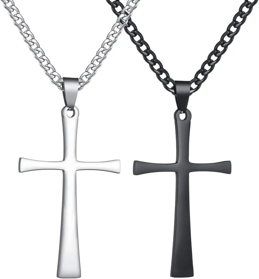 S2 Simple Stainless Steel Necklaces with Cross for Men Women Silver and Black Cross Pendant with Figaro Chain