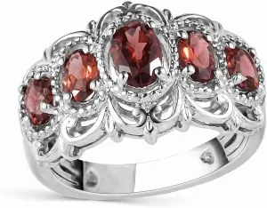 SHOP LC DELIVERING JOY 5 Stone Garnet Ring for Women in Platinum Plating - January Birthstone Promise Engagement Vintage Red Garnet Jewelry Birthday Gifts