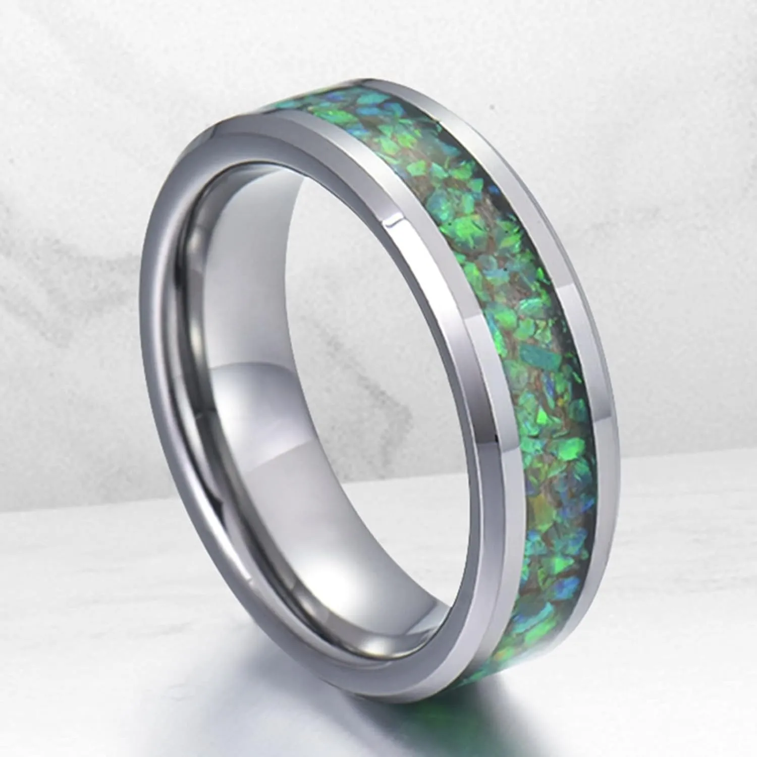 Silver Engagement Ring, Rings Stainless Steel 8mm Silver Ring Inlay Green Shell Rings for Men and Women