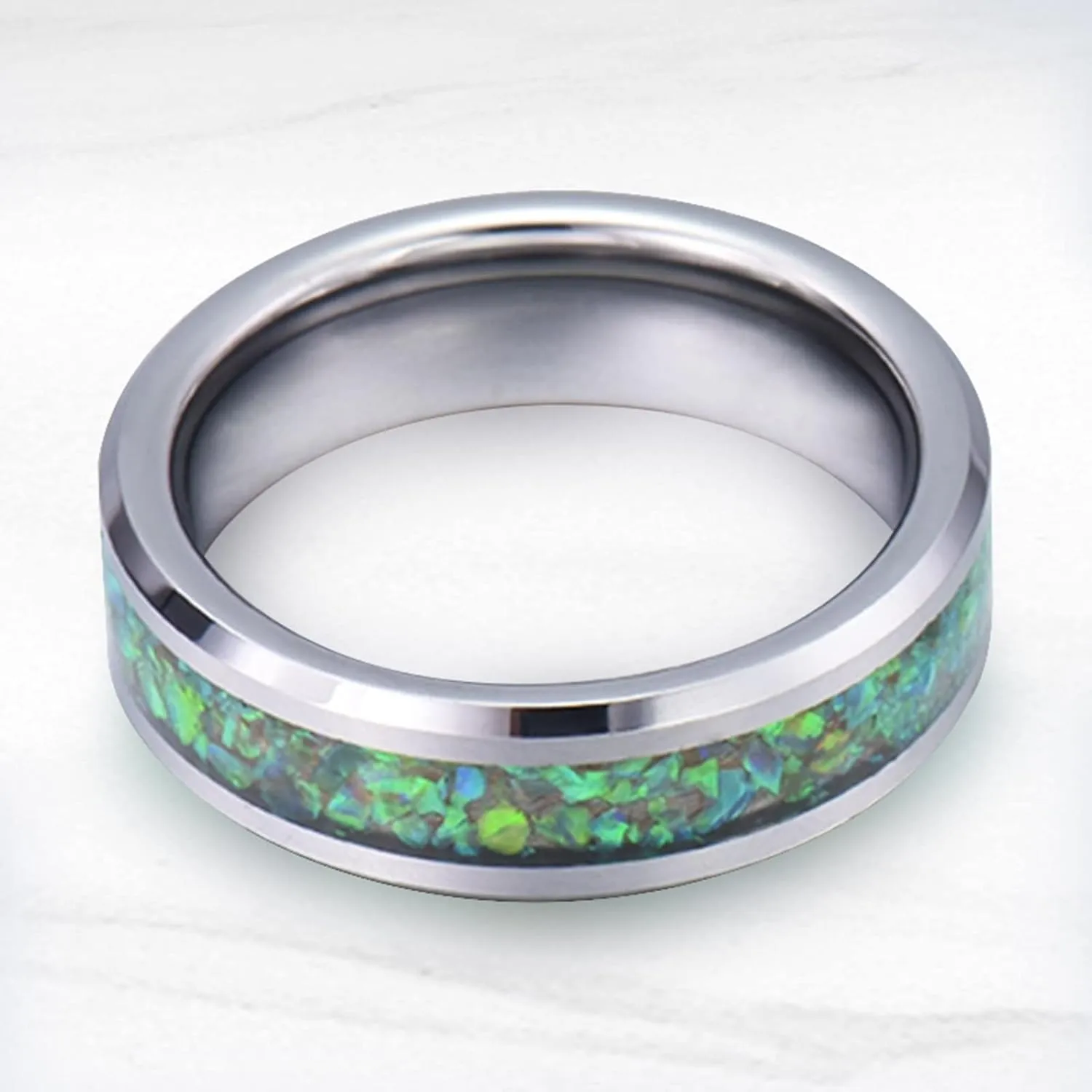 Silver Engagement Ring, Rings Stainless Steel 8mm Silver Ring Inlay Green Shell Rings for Men and Women