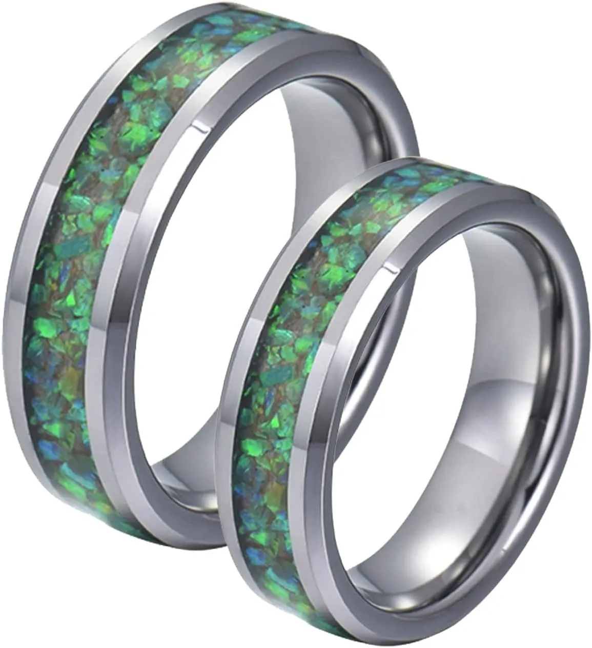 Silver Engagement Ring, Rings Stainless Steel 8mm Silver Ring Inlay Green Shell Rings for Men and Women