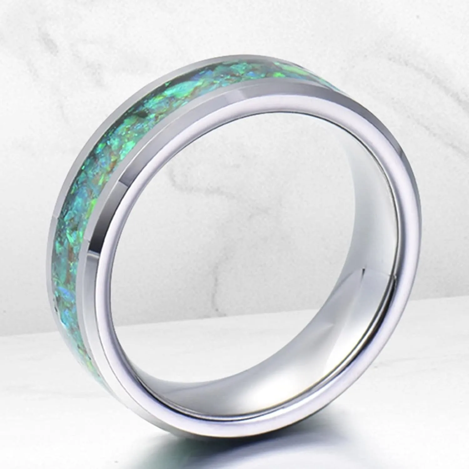 Silver Engagement Ring, Rings Stainless Steel 8mm Silver Ring Inlay Green Shell Rings for Men and Women