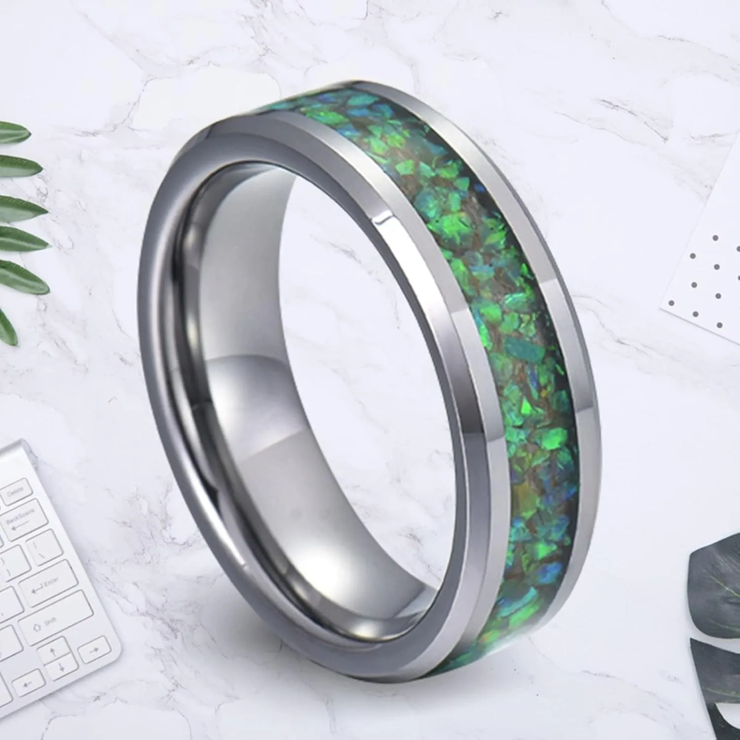 Silver Engagement Ring, Rings Stainless Steel 8mm Silver Ring Inlay Green Shell Rings for Men and Women