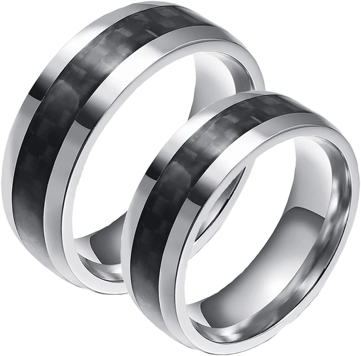 Silver Engagement Ring, Women Stainless Steel Rings 8mm Silver Ring with Carbon Fiber Inlay Engagement Couple Rings