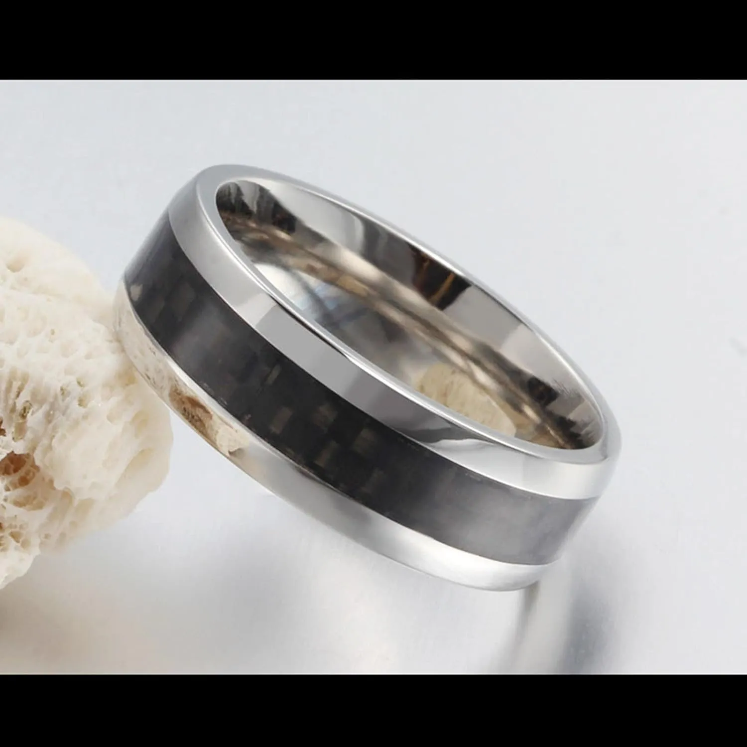 Silver Engagement Ring, Women Stainless Steel Rings 8mm Silver Ring with Carbon Fiber Inlay Engagement Couple Rings