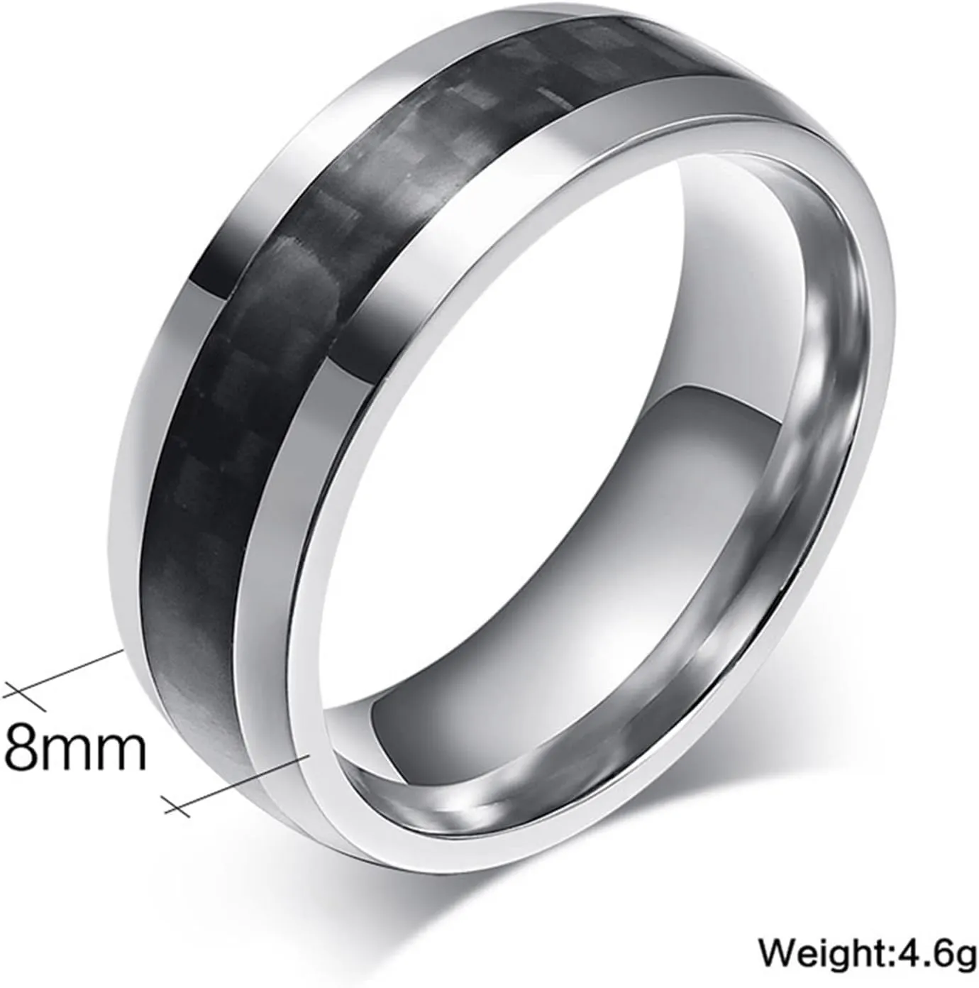 Silver Engagement Ring, Women Stainless Steel Rings 8mm Silver Ring with Carbon Fiber Inlay Engagement Couple Rings