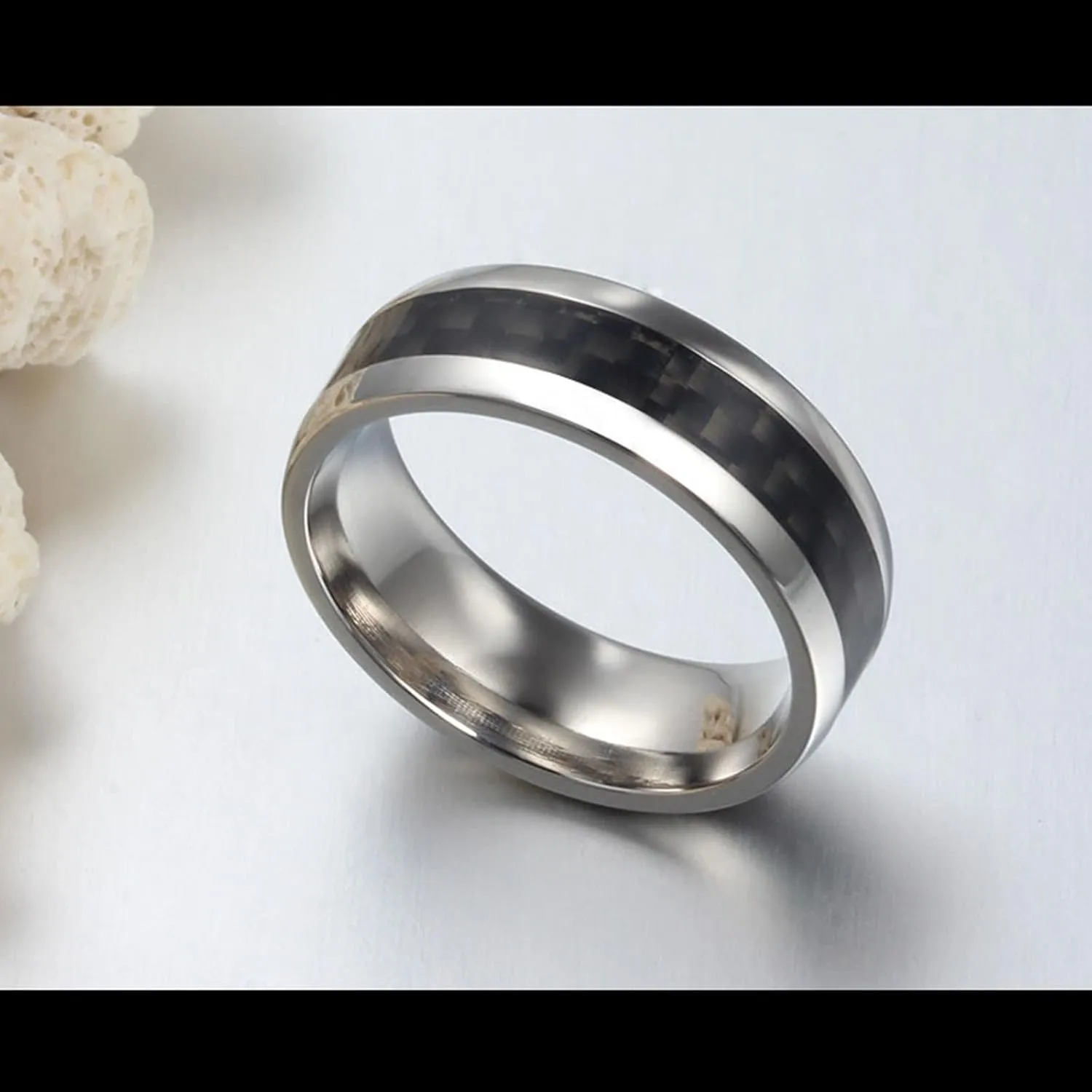 Silver Engagement Ring, Women Stainless Steel Rings 8mm Silver Ring with Carbon Fiber Inlay Engagement Couple Rings